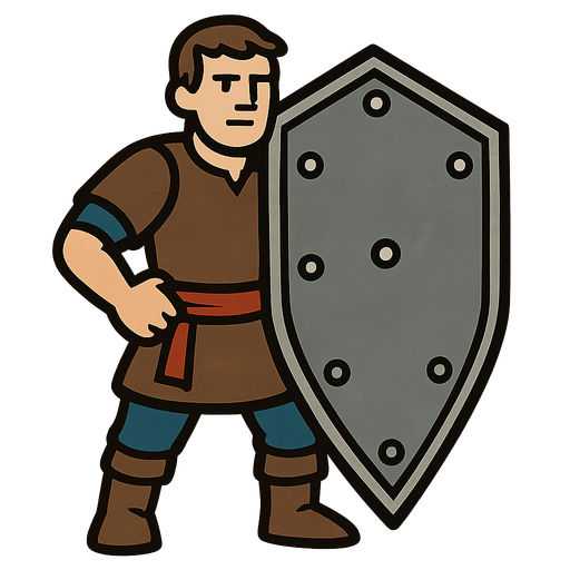Human with a big iron shield.
In-Game asset.  2d.  High contrast.  No shadows