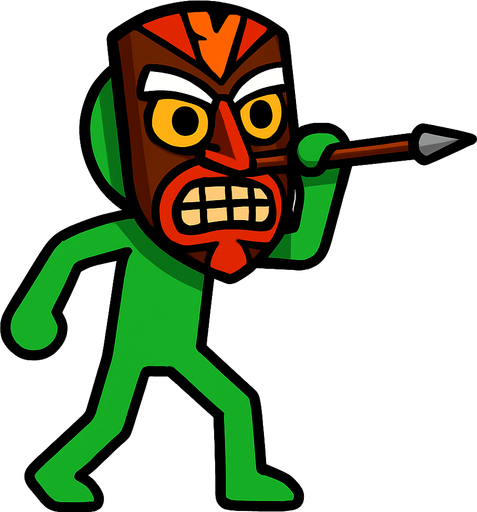 Green stickman with a tribal mask and a stick to shoot darts.
In-Game asset.  2d.  High contrast.  No shadows