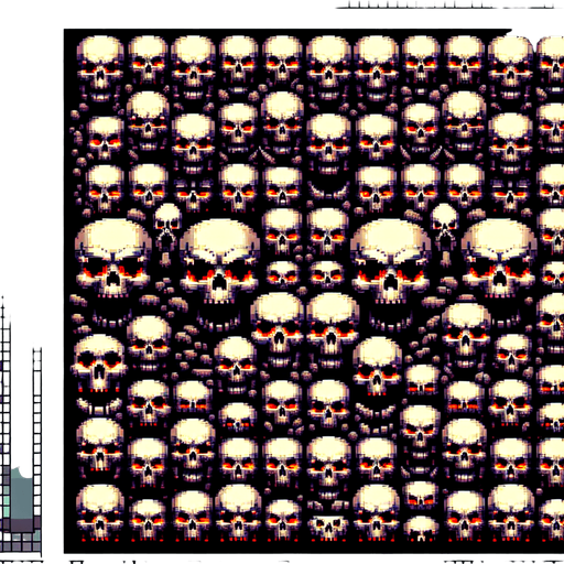 16 bit wall of skulls with red eyes Single Game Texture. In-Game asset. 2d. Blank background. High contrast. No shadows.