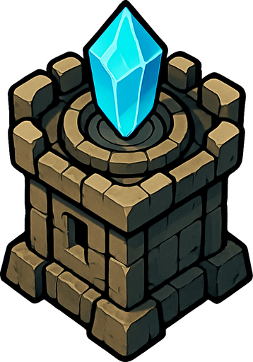 torre con cristal encima desde arriba.
In-Game asset.  2d.  High contrast.  No shadows