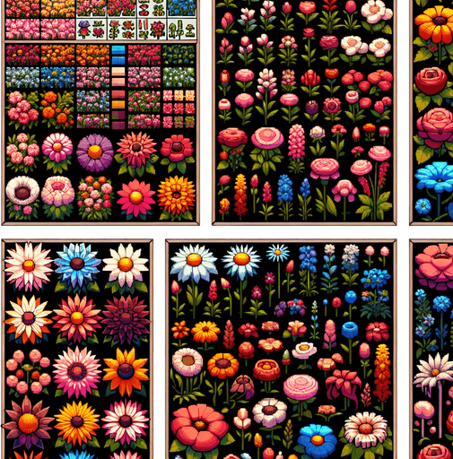 Sprite Sheet of flowers viewed from the top (zenith view).
Modern video game style