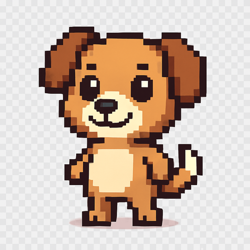 El perro debe ser un personaje adorable y expresivo en estilo pixel art, con cuerpo compacto y simpático, orejas grandes (pueden ser caídas o puntiagudas según la raza), ojos redondos y brillantes que transmitan alegría, y una cola visible que se mueva suavemente; su pelaje puede ser marrón, beige, blanco o una combinación simple de colores, con un diseño caricaturesco fácil de reconocer; debe estar de pie sobre dos patas traseras como un personaje antropomorfo, con una leve sonrisa y movimiento de balanceo o parpadeo como animación sutil; el fondo debe ser transparente y su estilo visual debe encajar en un juego casual, amigable y colorido..
In-Game asset.  2d.  High contrast.  No shadows