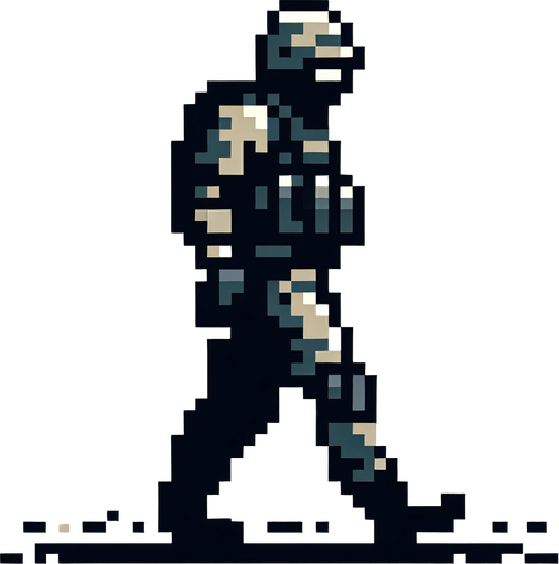 A single soldat walking downard in a 16 bit style Single Game Texture. In-Game asset. 2d. Blank background. High contrast. No shadows.