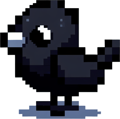 2D Black Pixel Art Bird.
Single Game Texture. In-Game asset. 2d. Blank background. High contrast. No shadows.