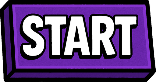 A bold comic-style rectangular button labeled 'Start' in capital white letters. The button has sharp edges with thick black outlines and a deep purple fill. Style mimics classic graphic novel UI — solid, punchy, and energetic. No background, transparent PNG.
In-Game asset.  2d.  High contrast.  No shadows