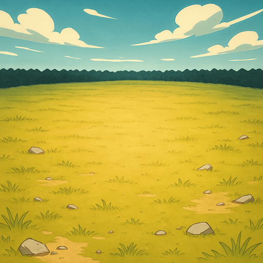 empty battlefield. meadow without trees. direct top down view. horizon in distance with dark florest.. concept Style inspired by Pokemon and Digimon but Unic