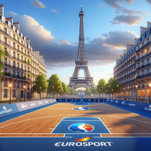 Paris.
Paris basketball backgroung. Eiffel Tower. Eurosport logo.
Single Game Texture. In-Game asset. 2d. Blank background. High contrast. No shadows.