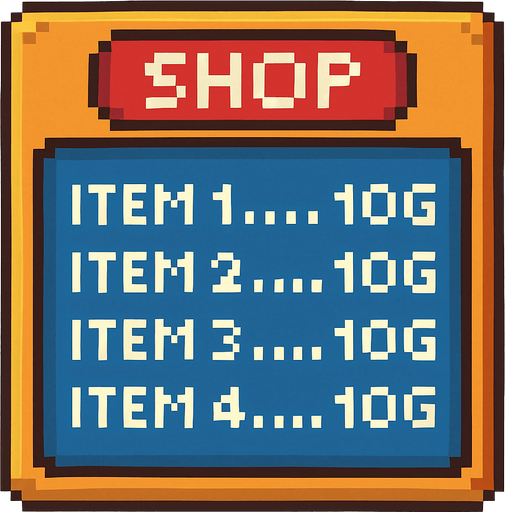 shop written menu tabela pixel.
In-Game asset.  2d.  High contrast.  No shadows