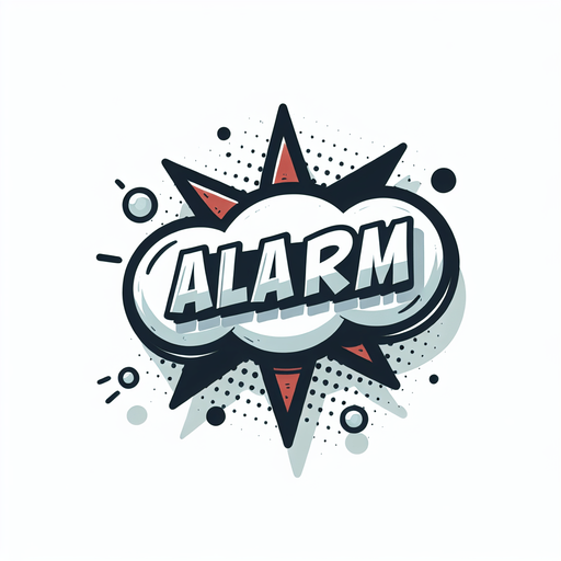"ALARM" text bubble, comic style.
Single Game Texture. In-Game asset. 2d. Blank background. High contrast. No shadows.