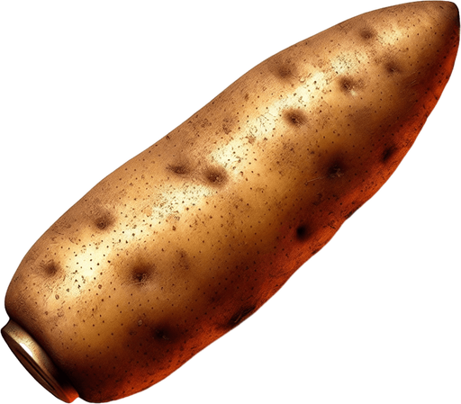 A bullet shaped potato.
Single Game Texture. In-Game asset. 2d. Blank background. High contrast. No shadows.