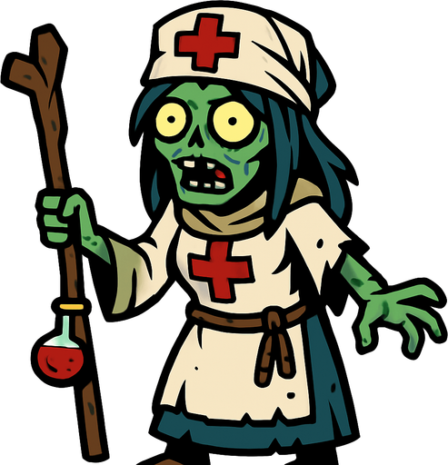 2D. Healer zombie. Like a female zombie in a healer costume..
In-Game asset.  2d.  High contrast.  No shadows