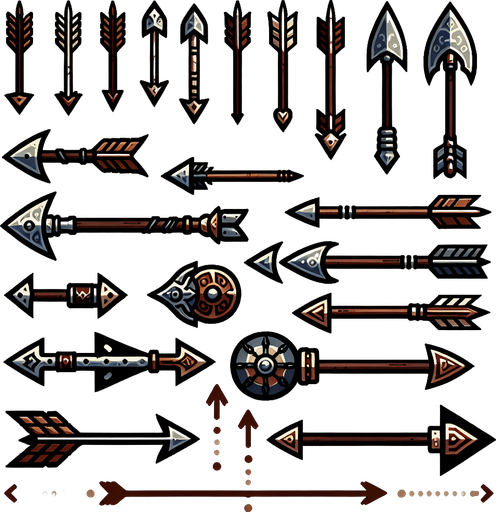 A spritesheet showing a number of different medieval or viking age arrows.
Single Game Texture. In-Game asset. 2d. Blank background. High contrast. No shadows.