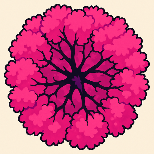 Top view of colorful pink tree looking upwards.
In-Game asset.  2d.  High contrast.  No shadows