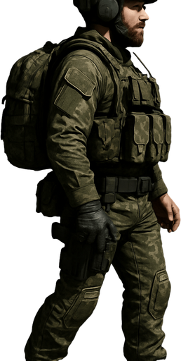 Komando, yazısız, gerçekçi, yandan görünüm, bütün vücudu görünsün.
In-Game asset.  High contrast.  No shadows