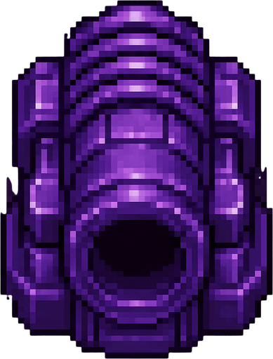 top down sci-fi fat barrel cannon with ridges, purple metal, pixel art
