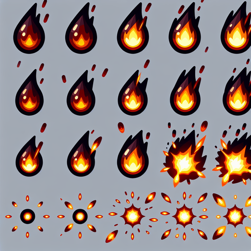 A sprite sheet of energy projectiles. Dark orange projectiles tear shaped with yellow energy core.
Single Game Texture. In-Game asset. 2d. Blank background. High contrast. No shadows.