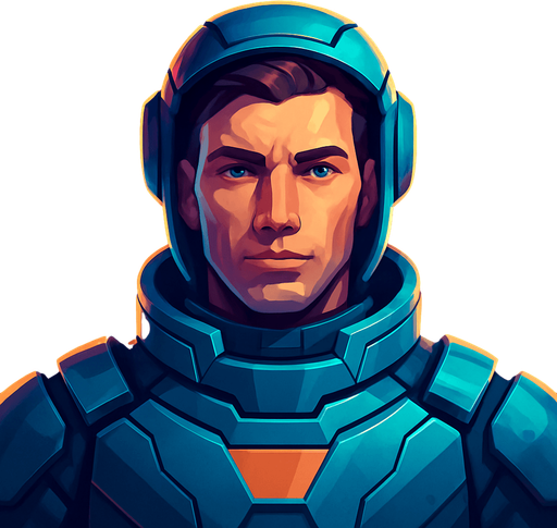 Front-facing icon, Fullscreen modern App Store art style with futuristic male colonist, 16:9, high definition.  No text captions!