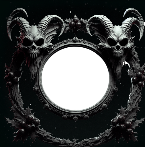 eerie christmas inspired krampus frame with two circular holes with a resident evil style.
Single Game Texture. In-Game asset. 2d. Blank background. High contrast. No shadows.