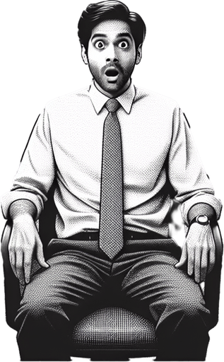 A clean mobile app interface designed to display photos from a user’s phone, with a retro aesthetic for the displayed image. The screen showcases a single black-and-white photo, styled to mimic a grainy 90s film capture. The photo shows a young man in his 30s, sitting in an office chair and looking surprised at the camera as if caught off guard.

The office environment is cluttered with retro elements like a CRT monitor, stacks of papers, a desk lamp, and a vintage rotary phone. The monitor subtly displays binary code '1011,' hidden among other on-screen data. The photo frame has faint edges, resembling a classic film border, with subtle scratches and grain to enhance the retro feel. The app interface itself is minimal, with a back arrow at the top-left and a small menu icon at the top-right, keeping the focus on the photograph..
Single Game Texture. In-Game asset. 2d. Blank background. High contrast. No shadows.