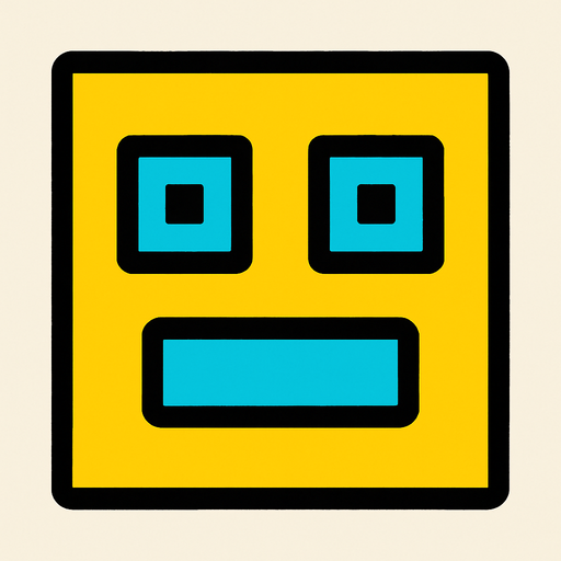 un cuadrado amarillo con ojos cudrados celestes y boca celeste rectangular.
In-Game asset.  2d.  High contrast.  No shadows