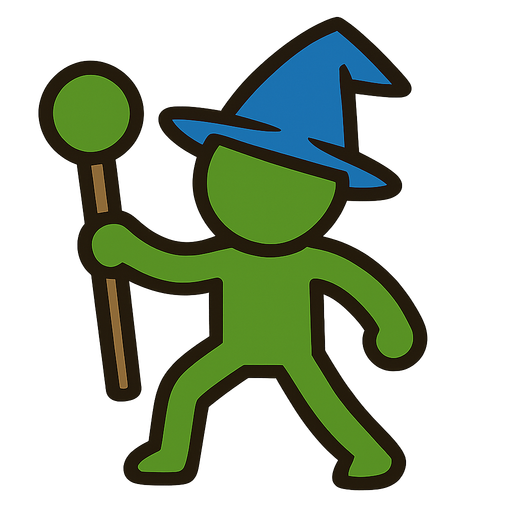 Green stickman with a blue wizard hat and a staff; no eyes.
In-Game asset.  2d.  High contrast.  No shadows