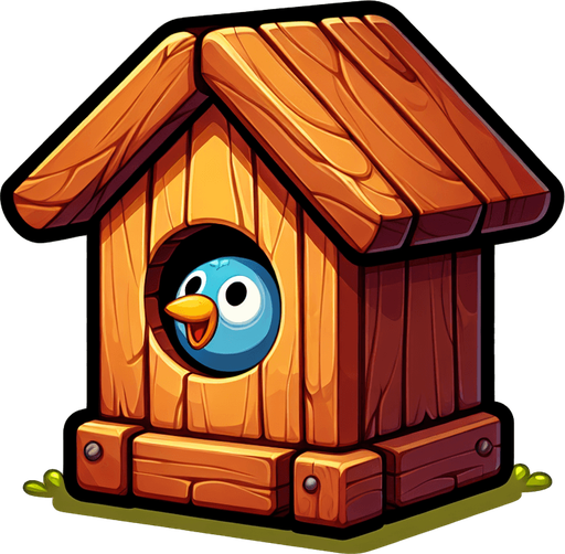 Make a cartoon-style birdhouse obstacle for a helicopter game. The birdhouse should have a wood texture, a circular hole, a tiny roof, and bright colors. Optionally add a little cartoon bird peeking out..
Single Game Texture.  In-Game asset.  2d.  Blank background.  High contrast.  No shadows