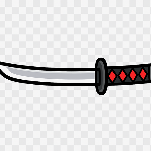Draw a 2D side-view katana with a sleek silver blade and a black-and-red hilt, in a flat cartoon style suitable for an action game. The sword should be horizontal with a transparent background.
In-Game asset.  2d.  High contrast.  No shadows