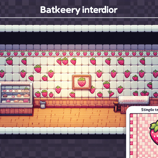 A cute kawaian bakery interior with strawberry tiles. Single Game Texture. In-Game asset. 2d. Blank background. High contrast. No shadows.