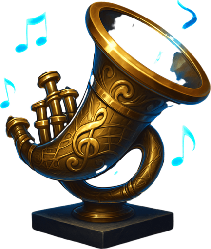 Create a detailed fantasy icon of a War Horn designed for a musical-themed tower defense game set in a haunted concert hall.

The horn should be ornate and elegant, resembling a mix between a classical brass instrument (like a French horn or trumpet) and a battle horn.

Crafted from polished brass or gold, with engraved musical symbols (clefs, notes, or swirling staff lines) along its surface.

The mouthpiece and flared bell should look slightly exaggerated, magical, or ceremonial.

Add glowing accents (blue, violet, or gold) or floating music notes around it to suggest it's enchanted.

The horn may rest on a pedestal, float slightly, or face outward ready to be sounded.

Background should be minimal or transparent. Icon must be square (256×256 or 512×512), clean and readable at small sizes.
Style: elegant fantasy UI, semi-realistic digital painting, matching the orchestral theme of the game..
In-Game asset.  2d.  High contrast.  No shadows