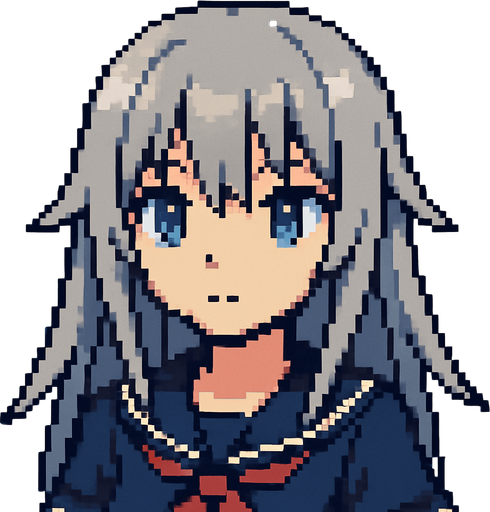 Beautiful anime-style girl with gray hair and light blue eyes. Game image. 2D. High contrast. No shadows. Pixel art..
In-Game asset.  2d.  High contrast.  No shadows