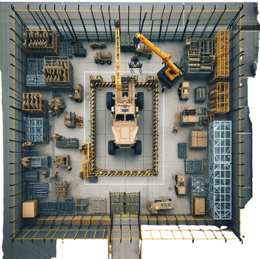Simple light army vehicule factory buiding a quad with a crane. Square fence..
Zenith view Directly overhead. Plumb view.