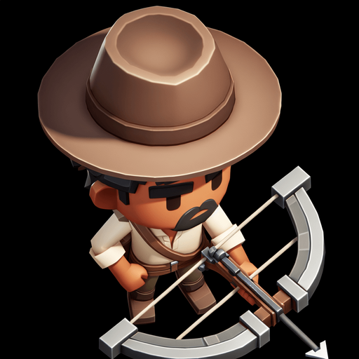 A man with a crowwbow in a hat from above cartoon style.
Single Game Texture. In-Game asset. 2d. Blank background. High contrast. No shadows.