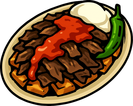 İskender kebap.
In-Game asset.  2d.  High contrast.  No shadows