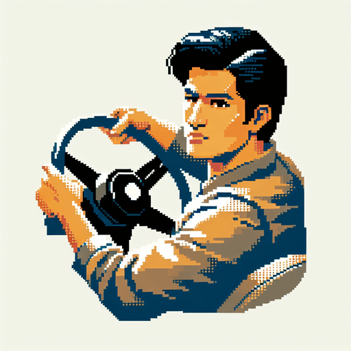 cool looking driver leaned back and holding a car wheel as if he's driving. 30 years old. vintage retro 1980 style. 3/4 view. pixelated. 8 bit. Single Game Texture. In-Game asset. 2d. Blank background. High contrast. No shadows.