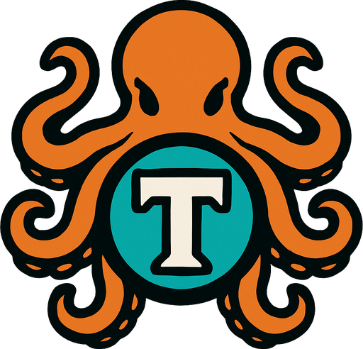 una letra t dentro de una esfera y un pulpo que la rodea.
In-Game asset.  2d.  High contrast.  No shadows