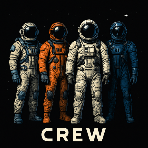 Uzay temalı Spaceship Crew, gerçekçi, Altında "crew" yazsın.
In-Game asset.  High contrast.  No shadows