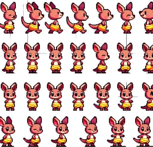 A spritesheet with a number of poses of an happy little female kangaroo in a banana skirt, smiling, walking, waiting, standing, ordering, turning, etc. all seen from the side.The spritesheet should be laid out in a rectangular grid with clear space between each individual sprite. Each sprite in the sheet should be around 300x600 pixels in size..
Single Game Texture. In-Game asset. 2d. Blank background. High contrast. No shadows.