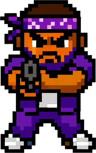 pandillero de morado hecho con pixeles con perspectiva desde arriba visto de frente apuntando hacia enfrente con un arma
In-Game asset.  2d.  High contrast.  No shadows