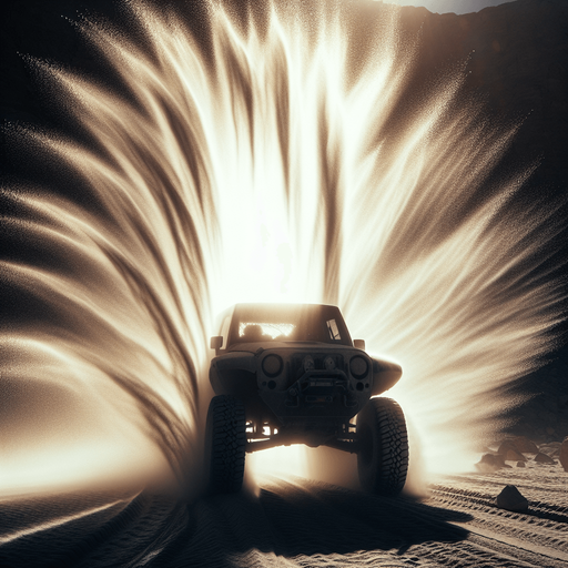 Light bright and transparent vertical Sand cloud in the air behind a vehicle