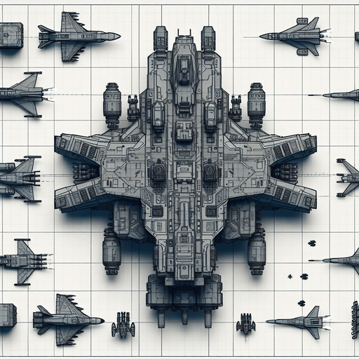 Космолет с оружием и видом с верху.
Single Game Texture. In-Game asset. 2d. Blank background. High contrast. No shadows.