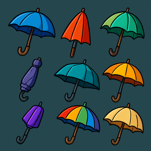 Pack of different umbrellas.
In-Game asset.  High contrast.  No shadows. 3D