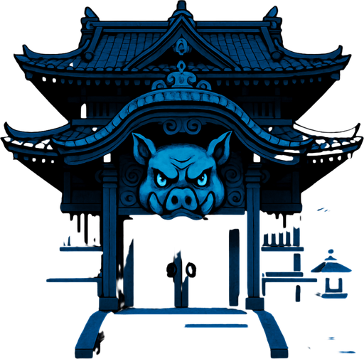 realistic 2d anime style front field old samurai palace temple with pig evil ornament at midnight.
In-Game asset.  2d.  High contrast.  No shadows