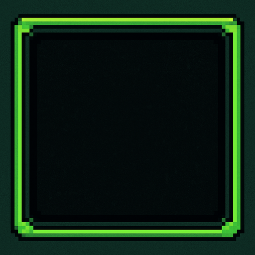 Recuadro de color negro con borde verde claro, que sea semi transparente en un 70% y que sea algo retro, apra menu de videojuego.
In-Game asset.  2d.  High contrast.  No shadows