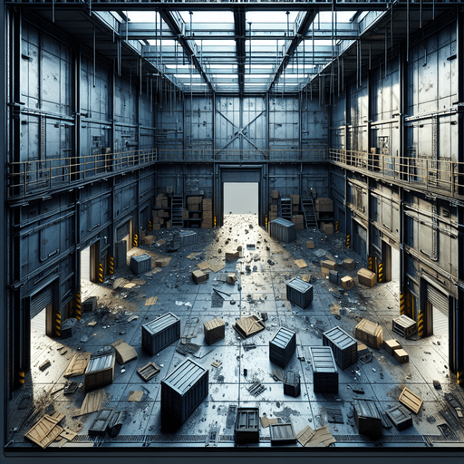A gritty, industrial warehouse room viewed directly from above. The room has metallic walls, scattered debris, and crates across the floor. There are entrances in the middle center of each wall: top, bottom, left, and right, resembling doorways. The room fills the entire frame, with dim lighting to create an intense atmosphere..
Full-frame, top-down view of an industrial warehouse room. Metallic walls, scattered debris, and crates. Open entrances centered on each wall: top, bottom, left, and right. Dim lighting, no 3D perspective.