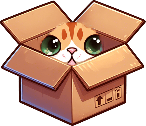 cute Chibi ginger cat look from the box into the camera. Cheeky, happy. Big eyes looking into camera
