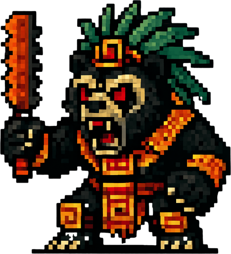 Genérame una Oso de Anteojos guerrero azteca con eso patrones, estilo pixelar, con una apariencia maligna, ojos rojos, rabioso. Unidad cuerpo a cuerpo.
In-Game asset.  2d.  High contrast.  No shadows