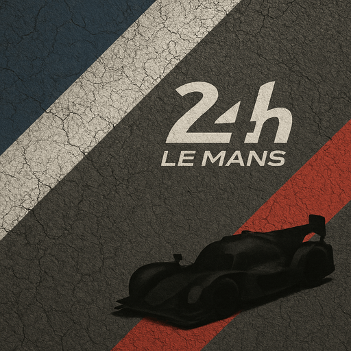 Photorealistic, high textured menu wallpapper about Le Mans 24H racing with  diagonal thick darkblue, white, red stripes on a Cracked asphalt racetrack top view.
There is a dark prototype racing car siluette In the down right corner of the menu.