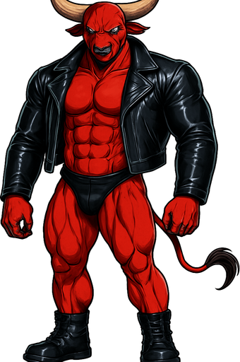 idle animation hunky Minotaur man Cyberpunk manga, minotaur monster hunk, shiny black leather biker jacket longsleeves shirtless muscles, jockstrap combat boots, Background removed, "Full-body character, entirely in frame, no cropping of face, head, or feet" "Complete character visible, from horns to hooves, fully centered in the image" "Entire character, including face and boots, fully within the frame" Character fully contained within a square frame, no edges cut off fashion model idle pose