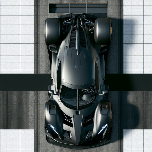 black color top down view racing car.
Single Game Texture.  In-Game asset.  2d.  Blank background.  High contrast.  No shadows