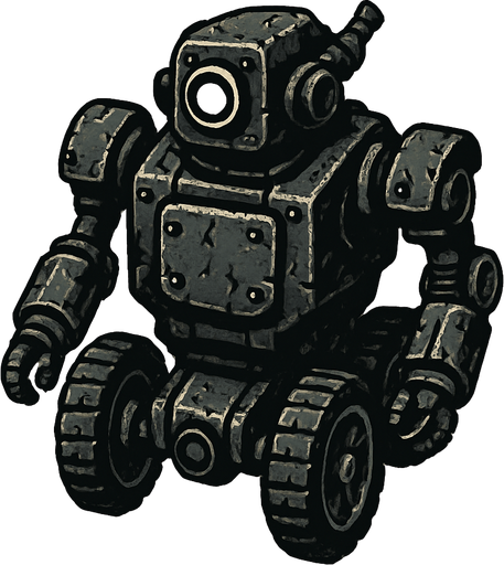 has un robot negro tipo auto steampunk con aspecto desgastado que se mueva con llantas y este en una vista desde arriba

In-Game asset.  2d.  High contrast.  No shadows